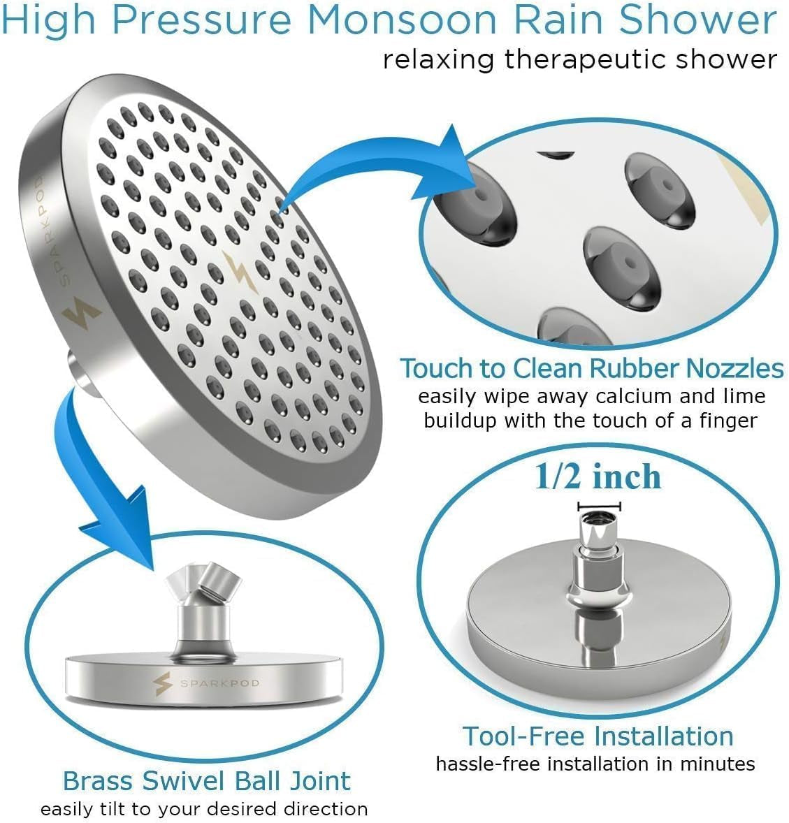 Shower Head - High Pressure Rain - Premium Quality Luxury Design - 1-Min Install - Easy Clean Adjustable Replacement for Your Bathroom Shower Heads (Luxury Polished Chrome, 6 Inch Round)