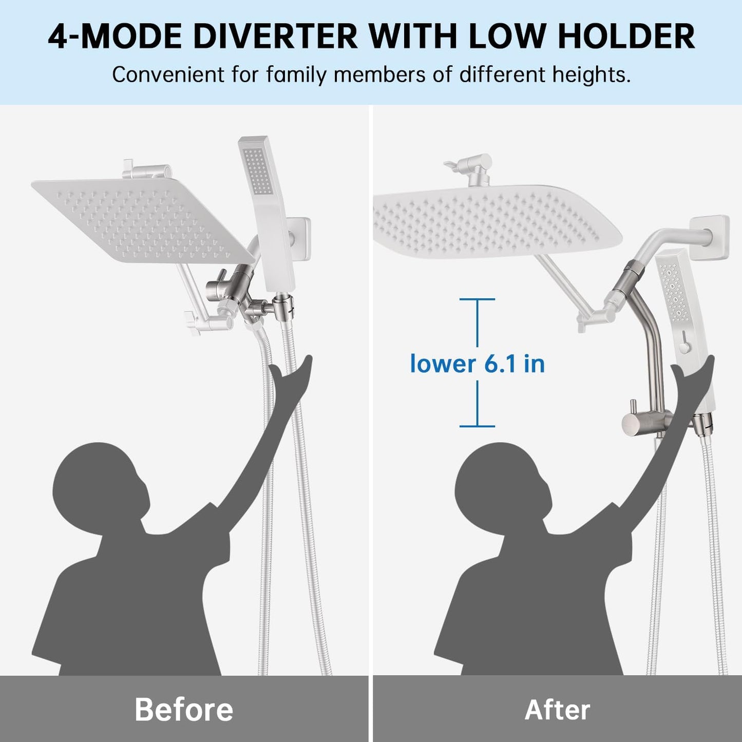 All Metal 12 Inch Shower Head with Massage Mode Handheld, Rain Shower Head with Handheld Spray Combo, 3-Way Diverter with Pause Setting, 11 Inch Adjustable Extension Arm (Brushed Nickel)