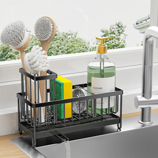 Sponge Holder for Kitchen Sink, Sink Caddy with High Brush Holder, Kitchen Sink Organizer Countertop Rustproof 304 Stainless Steel , Soap Dispenser Kitchen Organizers and Storage Essentials