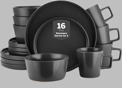 Coupe 16-Piece Stoneware Dish Set, Celina Service for 4, Black Plates and Bowls Dinnerware Set, Dishwasher and Microwave Safe, Black Matte