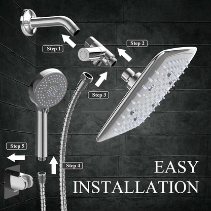 9 Inch High Pressure Rain Shower Heads with 3 Modes and 5 Modes Handheld Spray Combo- Wide Square Rainfall Shower with 70" Hose - Adjustable Dual Showerhead with Anti-Clog Nozzles-Chrome