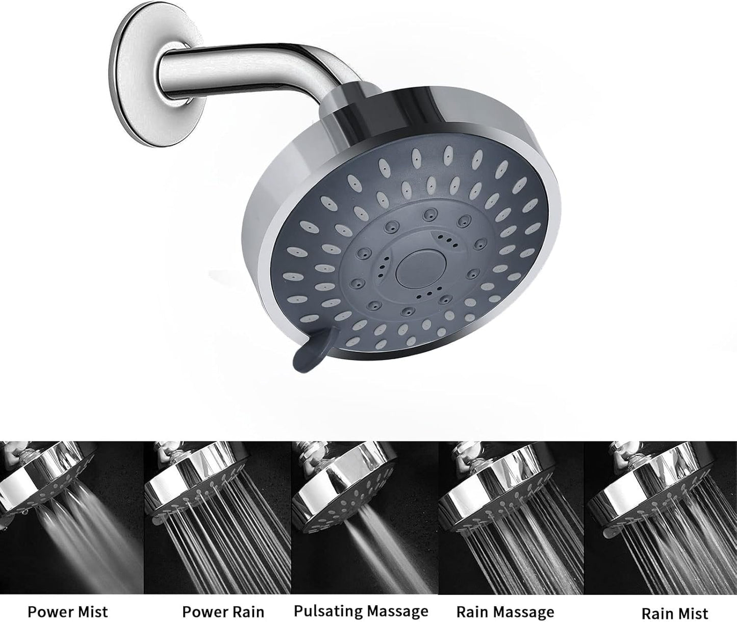 Shower Head High Pressure Rain Fixed Showerhead 5-Setting with Adjustable Metal Swivel Ball Joint - Relaxed Shower Experience Even at Low Water Flow & Pressure