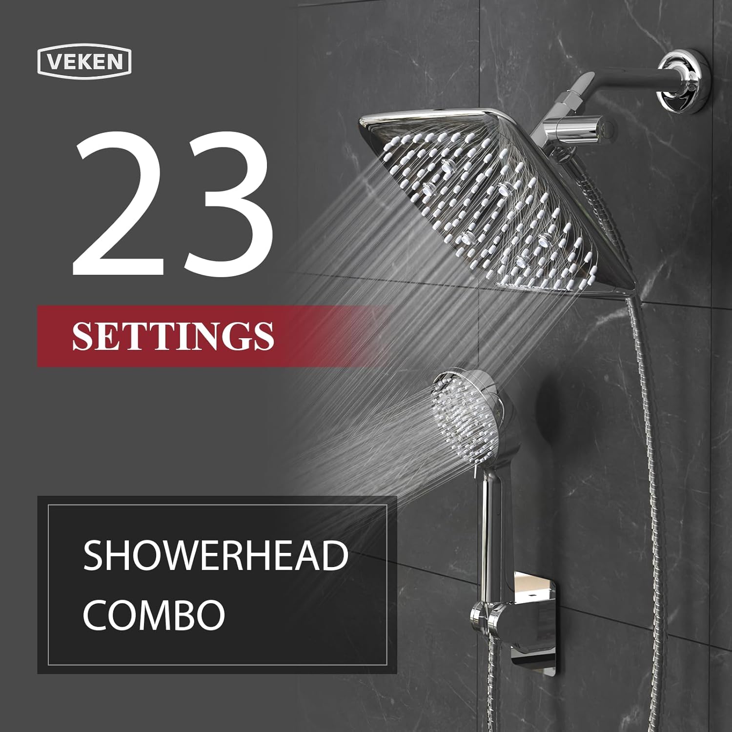 9 Inch High Pressure Rain Shower Heads with 3 Modes and 5 Modes Handheld Spray Combo- Wide Square Rainfall Shower with 70" Hose - Adjustable Dual Showerhead with Anti-Clog Nozzles-Chrome