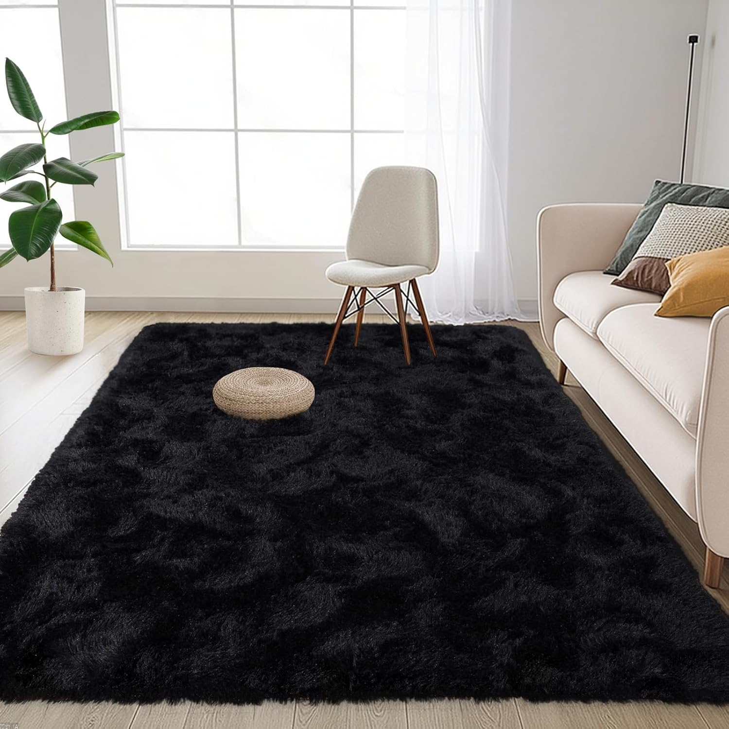 Soft Black Rugs for Bedroom Living Room, 4X6 Feet Modern Indoor Fuzzy Shaggy Area Rug, Non-Slip Fluffy Furry Rug for Nursery Kids Room Dorm Room Home Decor, High Pile Plush Floor Carpet