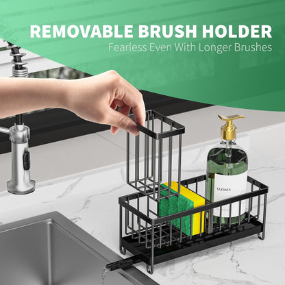 Sponge Holder for Kitchen Sink, Sink Caddy with High Brush Holder, Kitchen Sink Organizer Countertop Rustproof 304 Stainless Steel , Soap Dispenser Kitchen Organizers and Storage Essentials