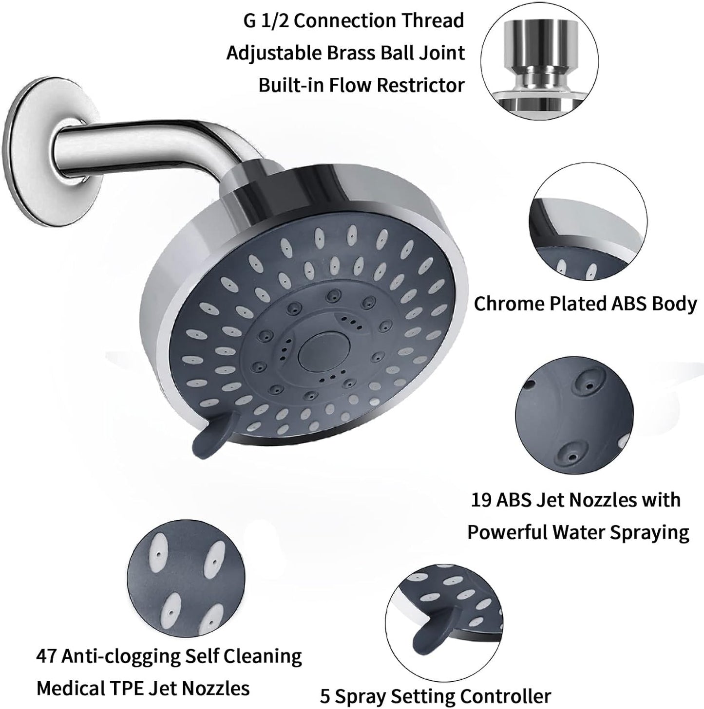 Shower Head High Pressure Rain Fixed Showerhead 5-Setting with Adjustable Metal Swivel Ball Joint - Relaxed Shower Experience Even at Low Water Flow & Pressure