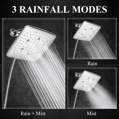 9 Inch High Pressure Rain Shower Heads with 3 Modes and 5 Modes Handheld Spray Combo- Wide Square Rainfall Shower with 70" Hose - Adjustable Dual Showerhead with Anti-Clog Nozzles-Chrome