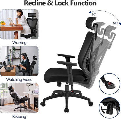 Office Desk Chair, Ergonomic Computer Desk Chair with Adjustable Headrest Armrests and Lumbar Support, High Back Executive Swivel Study Chair Black