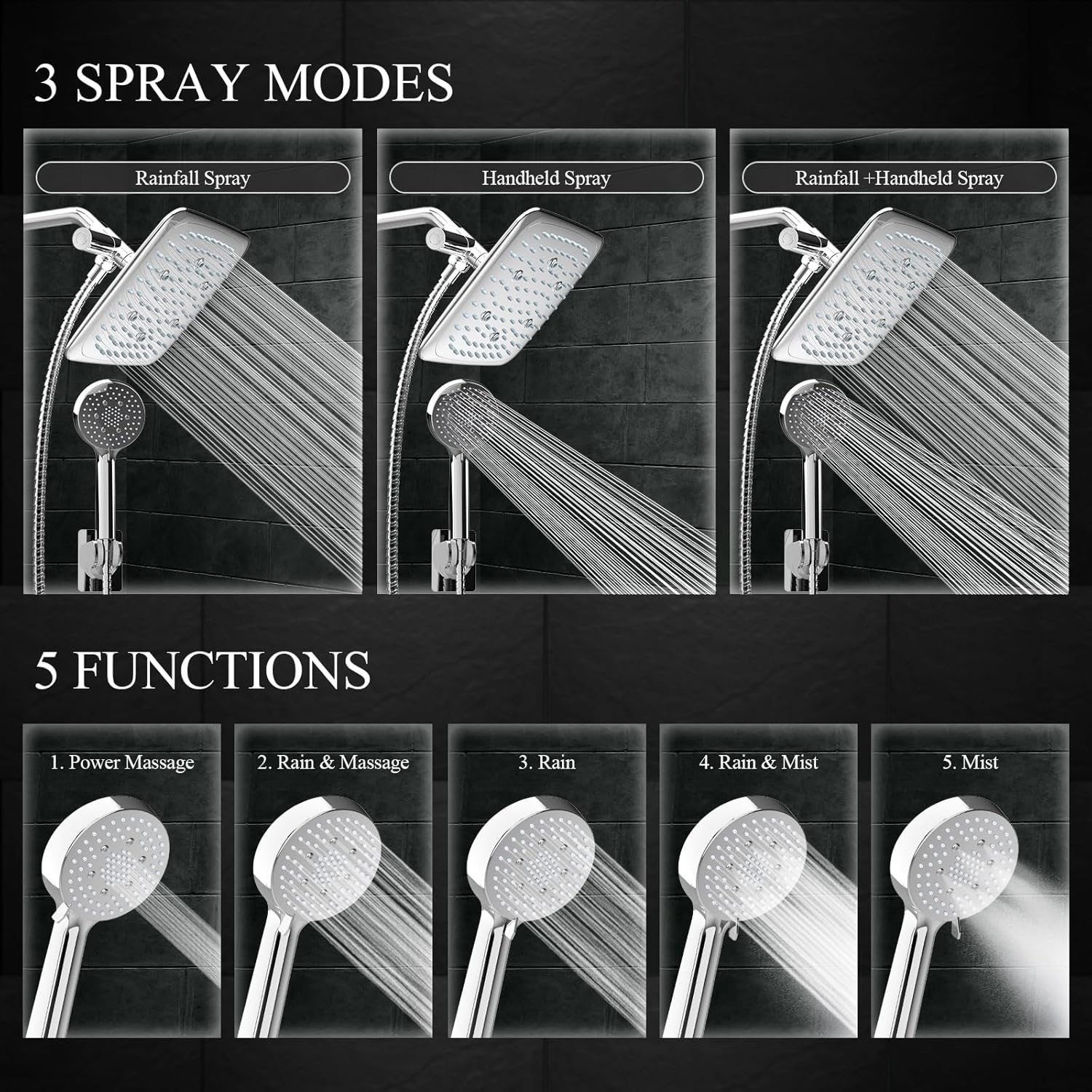 9 Inch High Pressure Rain Shower Heads with 3 Modes and 5 Modes Handheld Spray Combo- Wide Square Rainfall Shower with 70" Hose - Adjustable Dual Showerhead with Anti-Clog Nozzles-Chrome