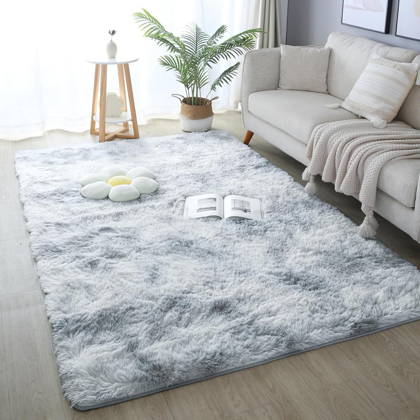 KCHOWUA 4X6 Rug for Bedroom Fluffy Rug Tie-Dyed Light Grey Rug for Living Room Plush Washable Rug for Kids Baby Nursery Ultra Soft Shag Area Rugs Non Slip Comfy Shaggy Rugs for Dorm Fuzzy Carpet