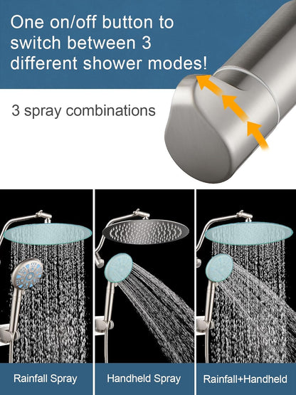 12 Inch All Metal Rain Shower Head, Dual Shower Heads with Handheld Spray Combo - Upgrade Extension Arm Height Adjustable - 9 Spray Filtered Shower Head, Brushed Nickel