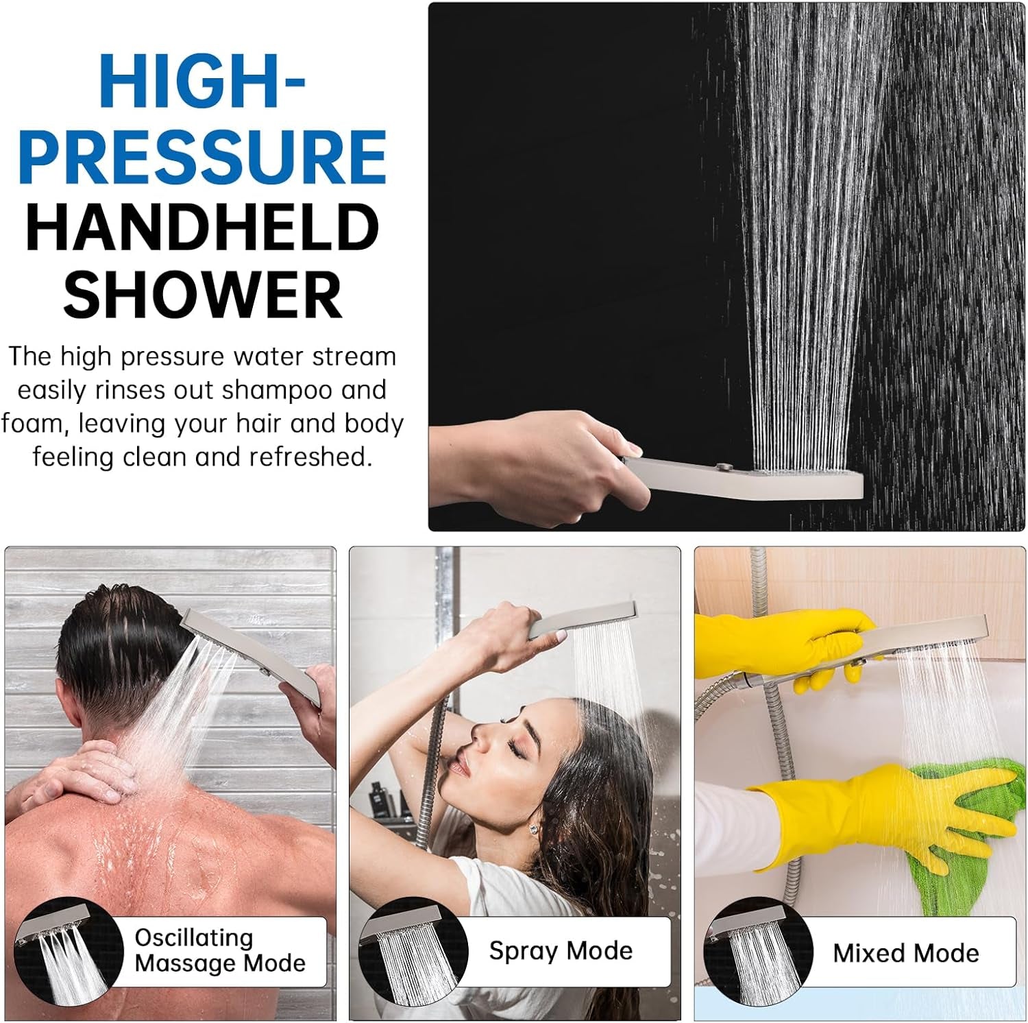 All Metal 12 Inch Shower Head with Massage Mode Handheld, Rain Shower Head with Handheld Spray Combo, 3-Way Diverter with Pause Setting, 11 Inch Adjustable Extension Arm (Brushed Nickel)