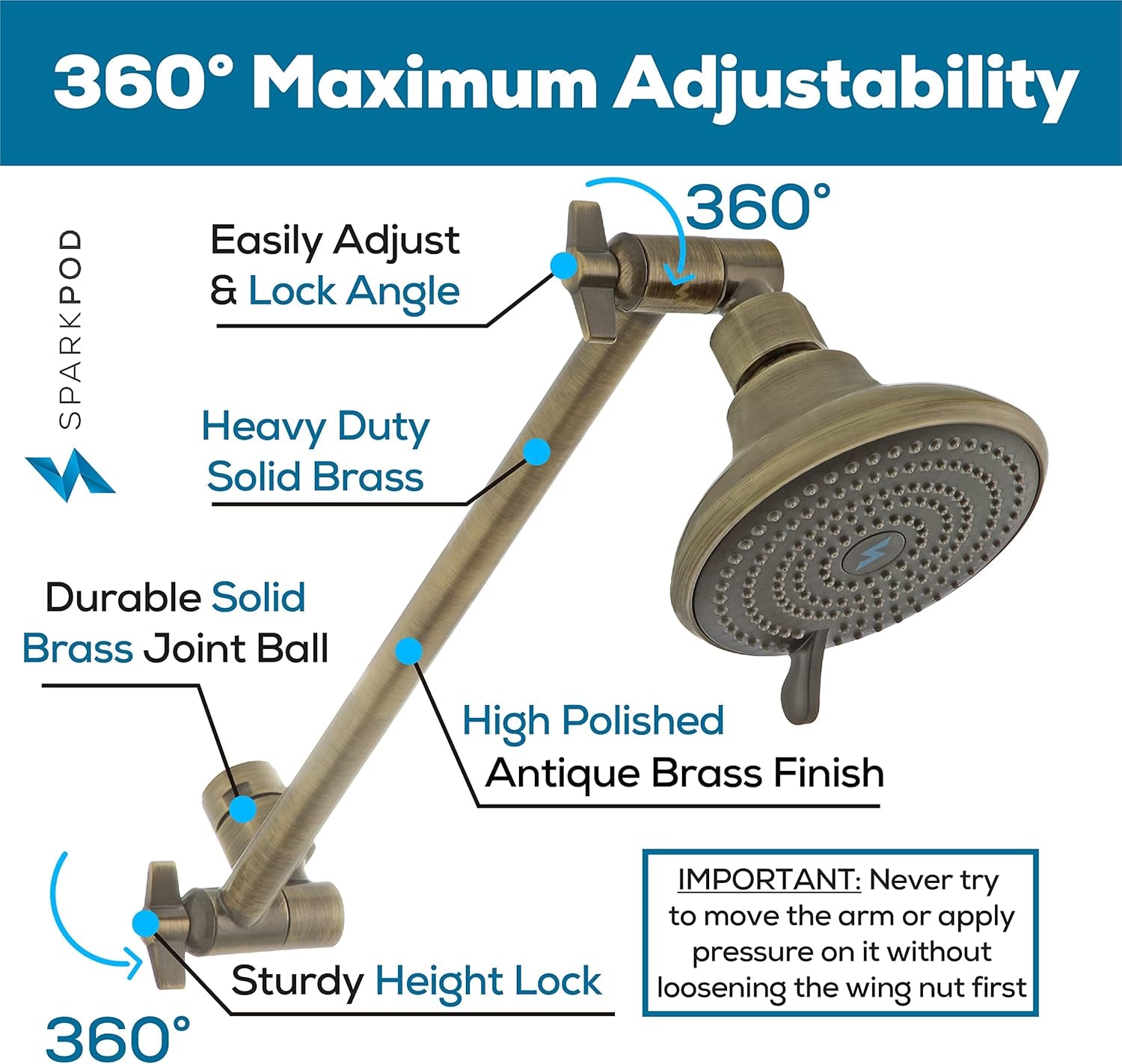 11" Solid Brass Shower Head Extension Arm - Flexible Height & Angle Adjustable Shower Arm Extension for Rain Showerheads with Sturdy Lock - Universal Pipe Connection (Polished Brass)