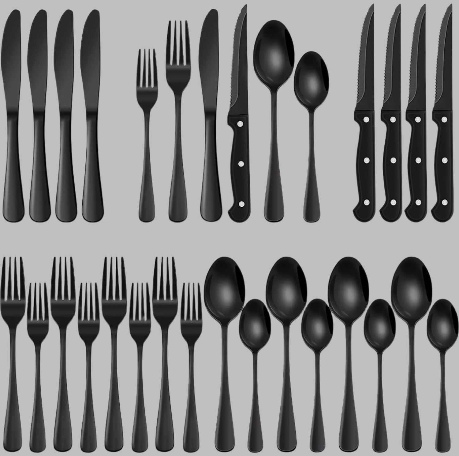 24-Piece Black Silverware Set with Steak Knives, Black Flatware Set for 4, Food-Grade Stainless Steel Tableware Cutlery Set, Mirror Finished Utensil Sets for Home Restaurant