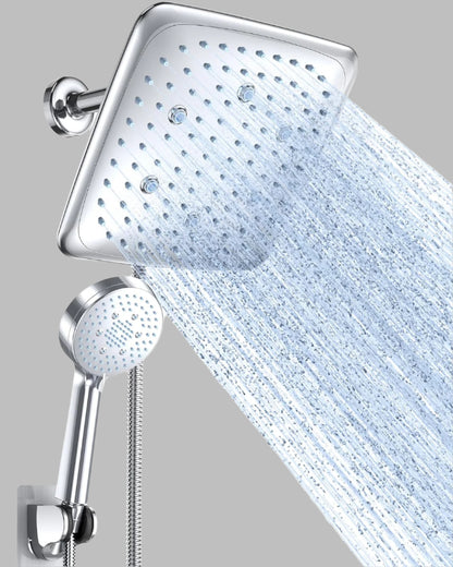 9 Inch High Pressure Rain Shower Heads with 3 Modes and 5 Modes Handheld Spray Combo- Wide Square Rainfall Shower with 70" Hose - Adjustable Dual Showerhead with Anti-Clog Nozzles-Chrome