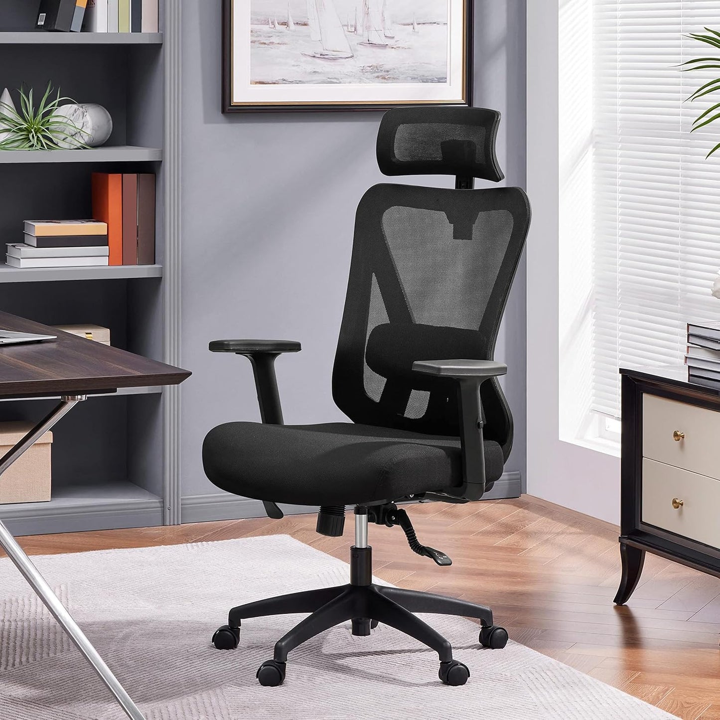 Office Desk Chair, Ergonomic Computer Desk Chair with Adjustable Headrest Armrests and Lumbar Support, High Back Executive Swivel Study Chair Black